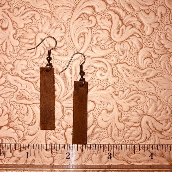 NATURAL LEATHER BAR EARRINGS BROWN LONG NEW HANDMA - Picture 3 of 4